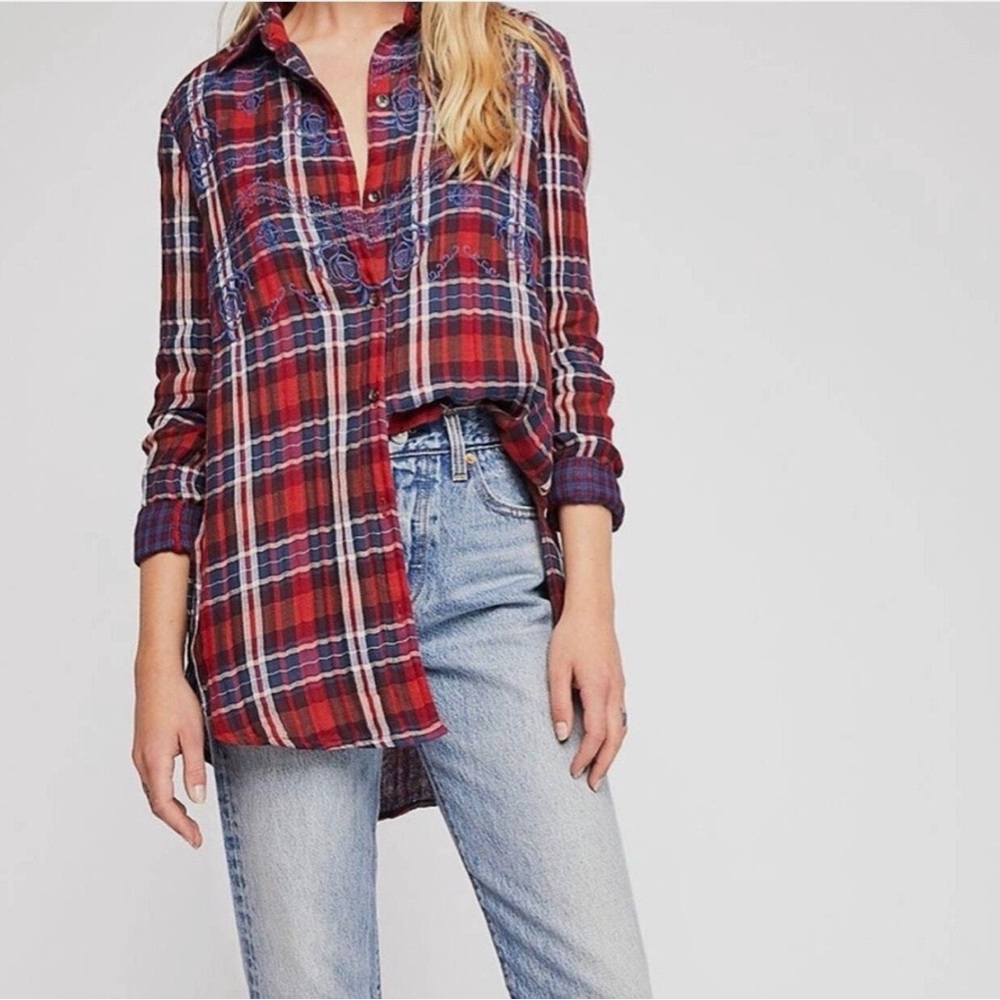 Free People Magical Plaid Embroidered Cotton Button Down size small